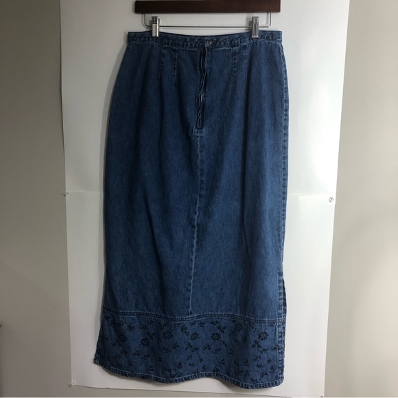 Jean Skirt Vintage Classic Blues Maxi 10 Blue Stamped Floral Side Slits Zipper - Picture 6 of 6